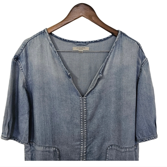 All Saints casual denim blue short sleeve v-neck shift dress size medium - Picture 3 of 12